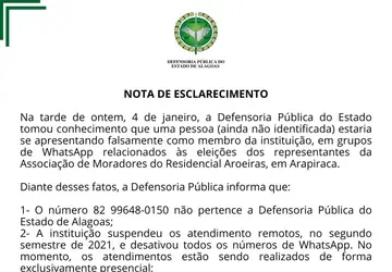 Defensoria Pública estadual publica nota sobre falso membro da instituição em grupos de WhatsApp
